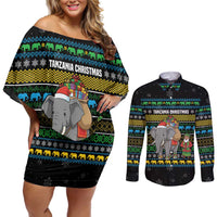Tanzania Christmas Couples Matching Off Shoulder Short Dress and Long Sleeve Button Shirt with Santa Riding Elephant Snowflakes and Colorful African - Wonder Print Shop