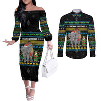 Tanzania Christmas Couples Matching Off The Shoulder Long Sleeve Dress and Long Sleeve Button Shirt with Santa Riding Elephant Snowflakes and Colorful African - Wonder Print Shop