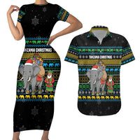 Tanzania Christmas Couples Matching Short Sleeve Bodycon Dress and Hawaiian Shirt with Santa Riding Elephant Snowflakes and Colorful African - Wonder Print Shop