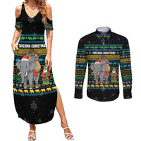 Tanzania Christmas Couples Matching Summer Maxi Dress and Long Sleeve Button Shirt with Santa Riding Elephant Snowflakes and Colorful African - Wonder Print Shop