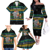 Tanzania Christmas Family Matching Off The Shoulder Long Sleeve Dress and Hawaiian Shirt with Santa Riding Elephant Snowflakes and Colorful African - Wonder Print Shop