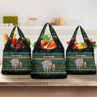 Tanzania Christmas Grocery Bag with Santa Riding Elephant Snowflakes and Colorful African - Wonder Print Shop