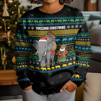 Tanzania Christmas Kid Ugly Christmas Sweater with Santa Riding Elephant Snowflakes and Colorful African - Wonder Print Shop