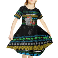 Tanzania Christmas Kid Short Sleeve Dress with Santa Riding Elephant Snowflakes and Colorful African - Wonder Print Shop