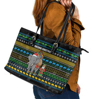 Tanzania Christmas Leather Tote Bag with Santa Riding Elephant Snowflakes and Colorful African - Wonder Print Shop