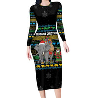 Tanzania Christmas Long Sleeve Bodycon Dress with Santa Riding Elephant Snowflakes and Colorful African - Wonder Print Shop