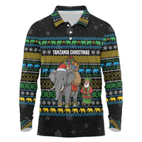 Tanzania Christmas Long Sleeve Polo Shirt with Santa Riding Elephant Snowflakes and Colorful African - Wonder Print Shop