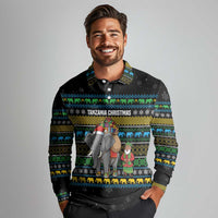 Tanzania Christmas Long Sleeve Polo Shirt with Santa Riding Elephant Snowflakes and Colorful African - Wonder Print Shop
