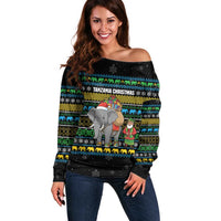 Tanzania Christmas Off Shoulder Sweater with Santa Riding Elephant Snowflakes and Colorful African - Wonder Print Shop