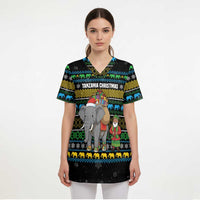 Tanzania Christmas Scrub Top with Santa Riding Elephant Snowflakes and Colorful African - Wonder Print Shop