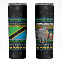 Tanzania Christmas Skinny Tumbler with Santa Riding Elephant Snowflakes and Colorful African - Wonder Print Shop