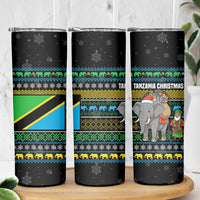 Tanzania Christmas Skinny Tumbler with Santa Riding Elephant Snowflakes and Colorful African - Wonder Print Shop