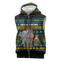 Tanzania Christmas Sleeveless Zip Hoodie with Santa Riding Elephant Snowflakes and Colorful African - Wonder Print Shop