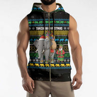 Tanzania Christmas Sleeveless Zip Hoodie with Santa Riding Elephant Snowflakes and Colorful African - Wonder Print Shop
