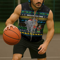 Tanzania Christmas Sleeveless Zip Hoodie with Santa Riding Elephant Snowflakes and Colorful African - Wonder Print Shop
