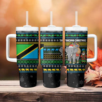 Tanzania Christmas Tumbler With Handle with Santa Riding Elephant Snowflakes and Colorful African - Wonder Print Shop