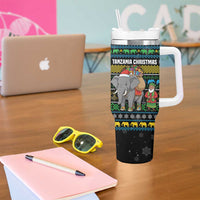 Tanzania Christmas Tumbler With Handle with Santa Riding Elephant Snowflakes and Colorful African - Wonder Print Shop