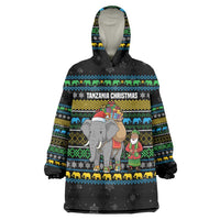 Tanzania Christmas Wearable Blanket Hoodie with Santa Riding Elephant Snowflakes and Colorful African - Wonder Print Shop