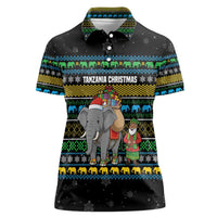 Tanzania Christmas Women Polo Shirt with Santa Riding Elephant Snowflakes and Colorful African - Wonder Print Shop