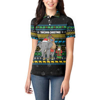 Tanzania Christmas Women Polo Shirt with Santa Riding Elephant Snowflakes and Colorful African - Wonder Print Shop