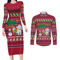 Thailand Christmas Couples Matching Long Sleeve Bodycon Dress and Long Sleeve Button Shirt with Santa Elephant Snowman Palm Tree and Sawasdee Holiday - Wonder Print Shop