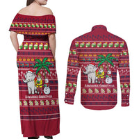 Thailand Christmas Couples Matching Off Shoulder Maxi Dress and Long Sleeve Button Shirt with Santa Elephant Snowman Palm Tree and Sawasdee Holiday - Wonder Print Shop