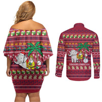 Thailand Christmas Couples Matching Off Shoulder Short Dress and Long Sleeve Button Shirt with Santa Elephant Snowman Palm Tree and Sawasdee Holiday - Wonder Print Shop