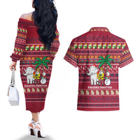 Thailand Christmas Couples Matching Off The Shoulder Long Sleeve Dress and Hawaiian Shirt with Santa Elephant Snowman Palm Tree and Sawasdee Holiday - Wonder Print Shop