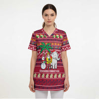 Thailand Christmas Scrub Top with Santa Elephant Snowman Palm Tree and Sawasdee Holiday - Wonder Print Shop