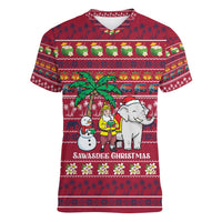 Thailand Christmas Women V-Neck T-Shirt with Santa Elephant Snowman Palm Tree and Sawasdee Holiday - Wonder Print Shop