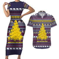 Thailand Christmas Couples Matching Short Sleeve Bodycon Dress and Hawaiian Shirt with Yellow Flower Tree Garuda Emblem and Elephant Holiday - Wonder Print Shop