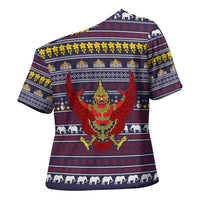 Thailand Christmas Cross Shoulder Shirt with Yellow Flower Tree Garuda Emblem and Elephant Holiday - Wonder Print Shop
