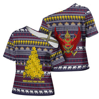 Thailand Christmas Cross Shoulder Shirt with Yellow Flower Tree Garuda Emblem and Elephant Holiday - Wonder Print Shop
