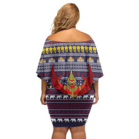 Thailand Christmas Family Matching Off Shoulder Short Dress and Hawaiian Shirt with Yellow Flower Tree Garuda Emblem and Elephant Holiday - Wonder Print Shop