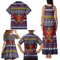 Thailand Christmas Family Matching Tank Maxi Dress and Hawaiian Shirt with Yellow Flower Tree Garuda Emblem and Elephant Holiday - Wonder Print Shop
