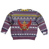 Thailand Christmas Kid Ugly Christmas Sweater with Yellow Flower Tree Garuda Emblem and Elephant Holiday - Wonder Print Shop