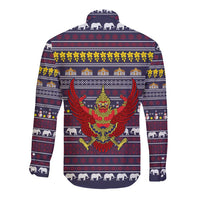 Thailand Christmas Long Sleeve Button Shirt with Yellow Flower Tree Garuda Emblem and Elephant Holiday - Wonder Print Shop