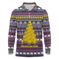 Thailand Christmas Long Sleeve Polo Shirt with Yellow Flower Tree Garuda Emblem and Elephant Holiday - Wonder Print Shop