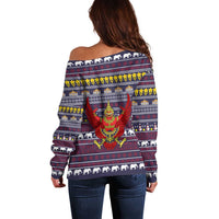 Thailand Christmas Off Shoulder Sweater with Yellow Flower Tree Garuda Emblem and Elephant Holiday - Wonder Print Shop