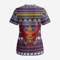 Thailand Christmas Scrub Top with Yellow Flower Tree Garuda Emblem and Elephant Holiday - Wonder Print Shop
