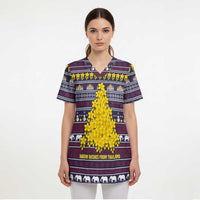 Thailand Christmas Scrub Top with Yellow Flower Tree Garuda Emblem and Elephant Holiday - Wonder Print Shop
