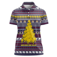 Thailand Christmas Women Polo Shirt with Yellow Flower Tree Garuda Emblem and Elephant Holiday - Wonder Print Shop