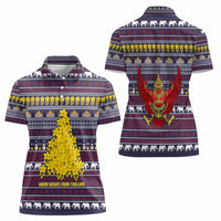Thailand Christmas Women Polo Shirt with Yellow Flower Tree Garuda Emblem and Elephant Holiday - Wonder Print Shop
