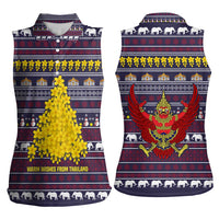 Thailand Christmas Women Sleeveless Polo Shirt with Yellow Flower Tree Garuda Emblem and Elephant Holiday - Wonder Print Shop