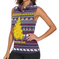 Thailand Christmas Women Sleeveless Polo Shirt with Yellow Flower Tree Garuda Emblem and Elephant Holiday - Wonder Print Shop