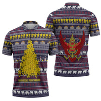 Thailand Christmas Zipper Polo Shirt with Yellow Flower Tree Garuda Emblem and Elephant Holiday - Wonder Print Shop