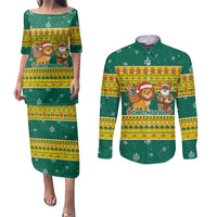 Togo Christmas Couples Matching Puletasi and Long Sleeve Button Shirt with Santa Lion Drummer Gingerbread and National Emblem - Wonder Print Shop