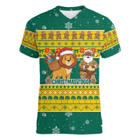 Togo Christmas Women V-Neck T-Shirt with Santa Lion Drummer Gingerbread and National Emblem - Wonder Print Shop