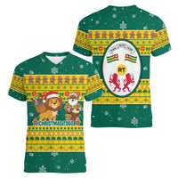 Togo Christmas Women V-Neck T-Shirt with Santa Lion Drummer Gingerbread and National Emblem - Wonder Print Shop