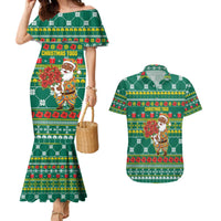 Togo Christmas Couples Matching Mermaid Dress and Hawaiian Shirt with Santa Poinsettia Flower Tree Gifts and African Print Pattern - Wonder Print Shop